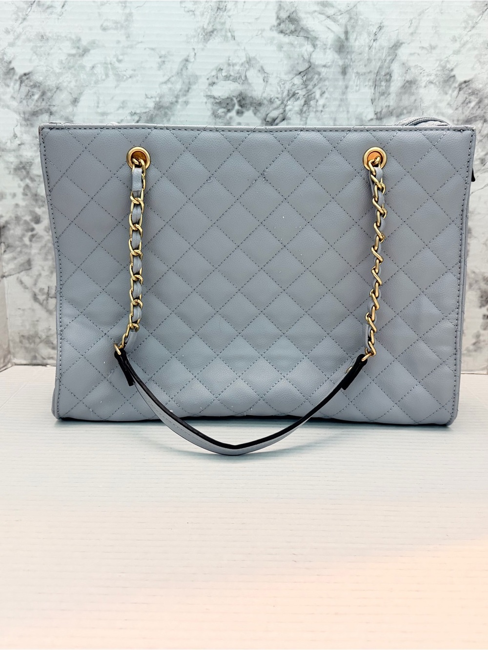 Quilted Chain-Handle Tote Bag in Light Blue